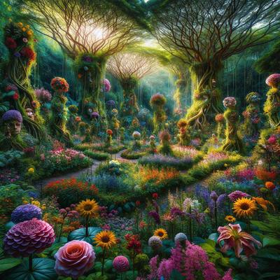 The primary subject of the image is a vibrant and colorful garden filled with various flowers and plants. The garden is set in a lush, green environment, with trees and bushes surrounding the area. The visual style of the image is a combination of photo and digital art, creating a realistic yet artistic representation of the garden. The colors and mood of the image are predominantly bright and cheerful, with a sense of tranquility and beauty.